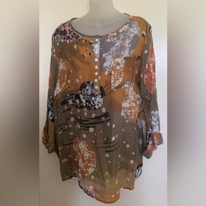 EUC Floral Long  Sleeve Semi Sheer Blouse Top Tunic PLUS  Size 3XL